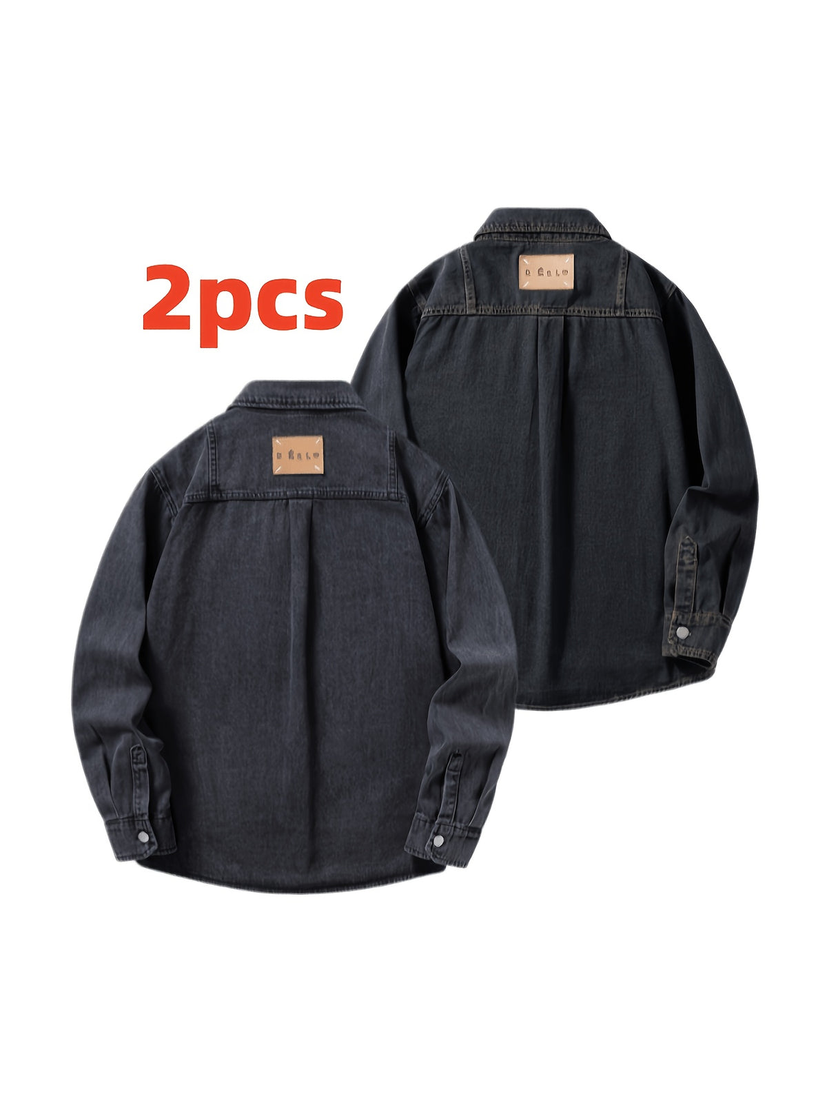 2pcs Men's Loose Vintage Washed Lapel Denim Shirt, Casual Versatile Daily Streetwear Jacket - Nostalgia + Black-Gray
