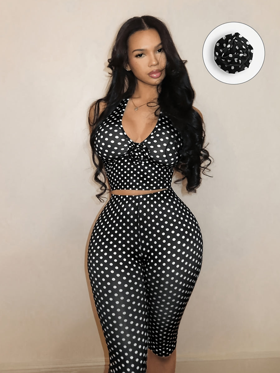 Fashionable Women's Sexy Black and White Polka Dot Halter Neck Set - Mixed colors