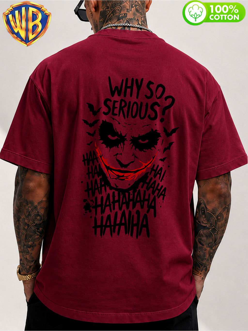 Dark Style Joker "Why So Serious?" Cartoon Print Men'S T-Shirt, Trendy Design Short Sleeve Top, Pure Skin-Friendly Breathable, Casual Versatile Non-Pick Body, Suitable for Daily Commute, Party, Holiday Date, Vacation Travel, Student Outfit - Burgundy
