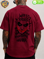 Dark Style Joker "Why So Serious?" Cartoon Print Men'S T-Shirt, Trendy Design Short Sleeve Top, Pure Skin-Friendly Breathable, Casual Versatile Non-Pick Body, Suitable for Daily Commute, Party, Holiday Date, Vacation Travel, Student Outfit - Burgundy