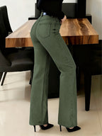 Army Green High-Waist Straight-Leg Jeans for Women, and Figure-Flattering Stretch Straight-Leg Pants for Spring, Summer, and Fall Commuting Wear - Olive Green