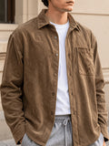 Men'S Brushed Geometric Shirt, Casual Long Sleeve with Chest Pocket, Loose Fit Vintage Brown Shirt Jacket for Fall Winter - Light Brown-1