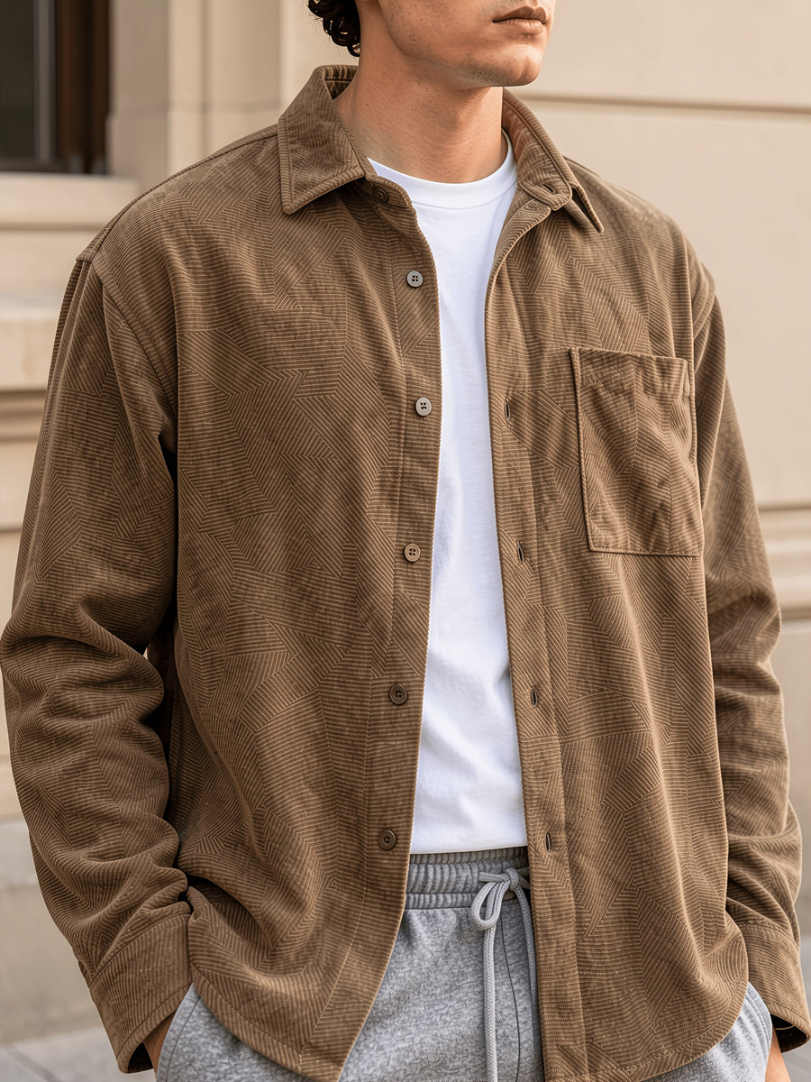 Men'S Brushed Geometric Shirt, Casual Long Sleeve with Chest Pocket, Loose Fit Vintage Brown Shirt Jacket for Fall Winter - Light Brown-1