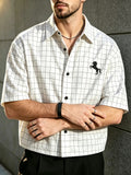 Men's Summer Plaid Short-Sleeve Cropped Shirt, Simple Line Print Lapel Shirt, Casual Versatile Short Shirt Top - White