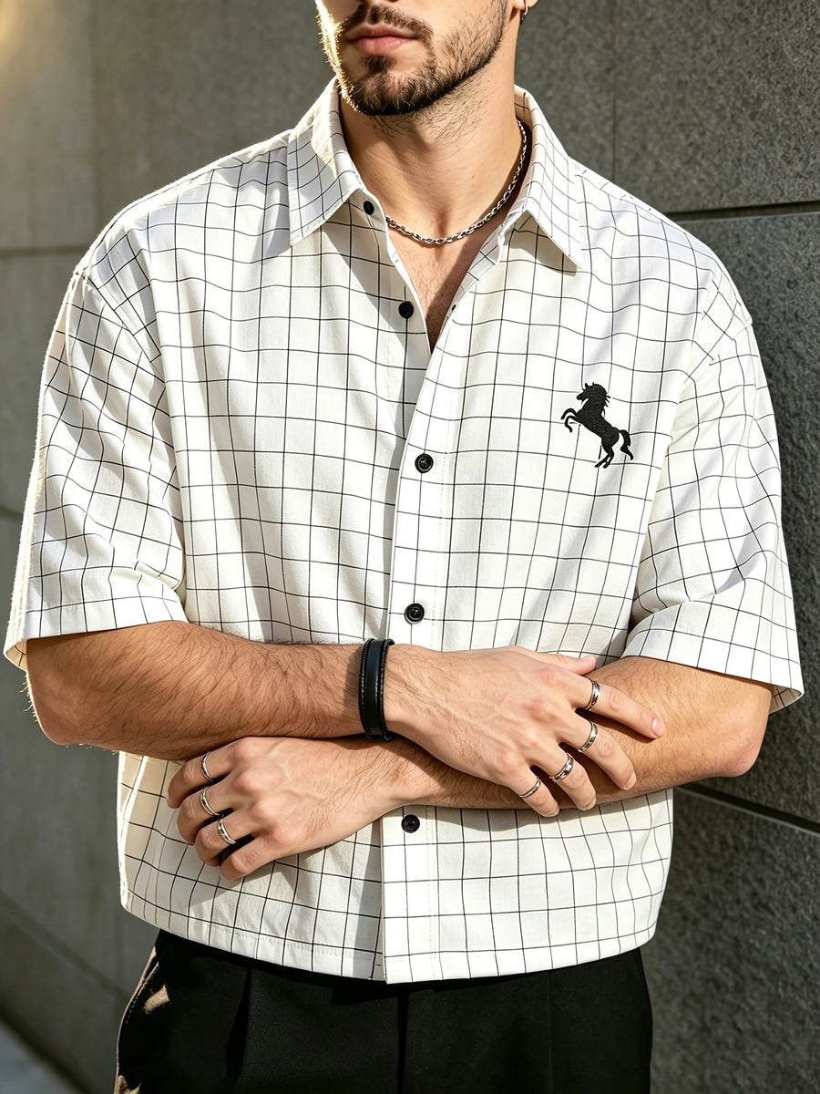 Men's Summer Plaid Short-Sleeve Cropped Shirt, Simple Line Print Lapel Shirt, Casual Versatile Short Shirt Top - White