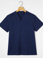 Men'S Summer Solid Short Sleeve T-Shirt, Button-Up V-Neck Casual Top, Soft And Comfortable Linen Fabric, Suitable for Daily Home And Outdoor Wear - Purplish Blue