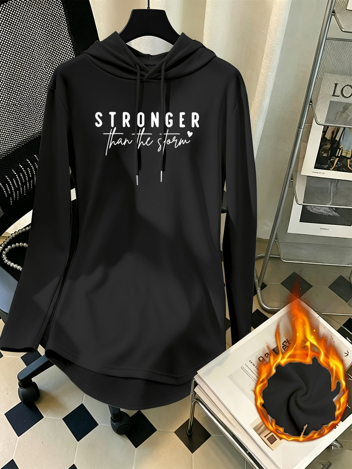 Mid-Length Hooded Sweatshirt for Women, Loose Hip-Covering Letter Print Drawstring Pullover Top - Black