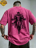 Authorized by Warner Bros., Superman Sketch Line Back Print, American Retro Washed Distressed T-Shirt, Unisex, Machine Washable, Suitable for Daily Commute And Outdoor Wear - Rose Red