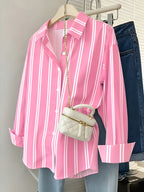 New Women'S Long-Sleeved Button- Pink Striped Casual Shirt, Vertical Striped Shirt for Women, Loose And Long-Sleeved Shirt, Commuting, Casual, Versatile - Pink Color