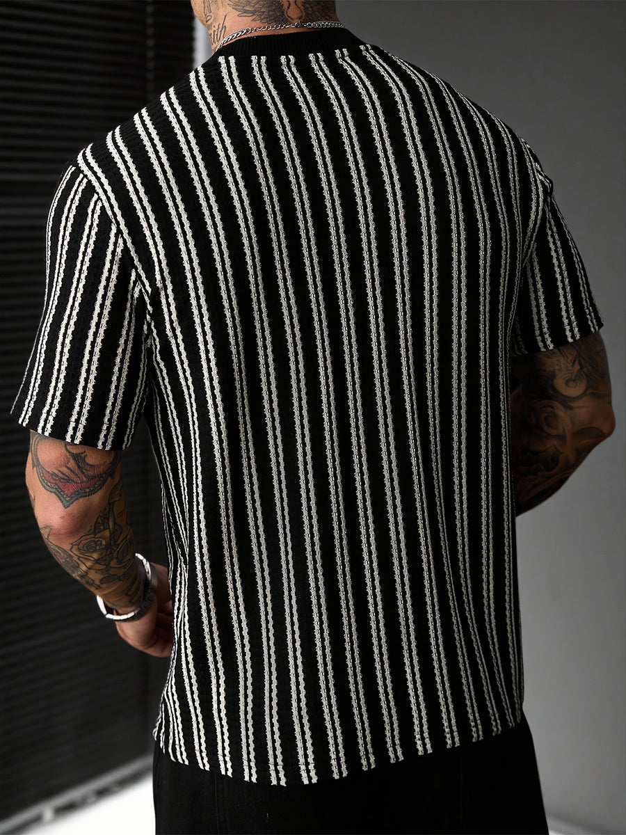 [Villa Leisure Water OBM] Spring Summer New Men'S T-Shirt Pullover Blouse Jacquard Fabric Design Sports Casual Outdoor Running Fitness Training Short Sleeve T-Shirt - Black