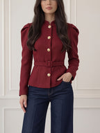Women's Autumn/Winter Elegant Stand Collar Tweed Waist-Cinched Short Blazer, Single-Breasted Metal Button Slim Fit Commuter Short Jacket Top/Suit Jacket 9A13336 - Burgundy