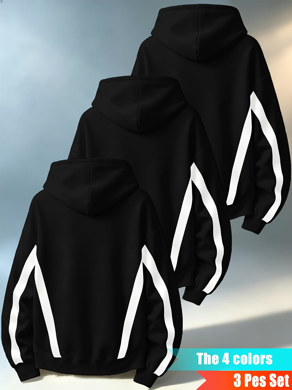 Men'S Three-Piece Casual Hooded Sweater Set, Featuring Contrast-Colored Spliced Sleeves with Drawstrings, Loose-Fitting Pullover Shirt, Long-Sleeved Sports Top for Daily Wear - Black+Black+Black