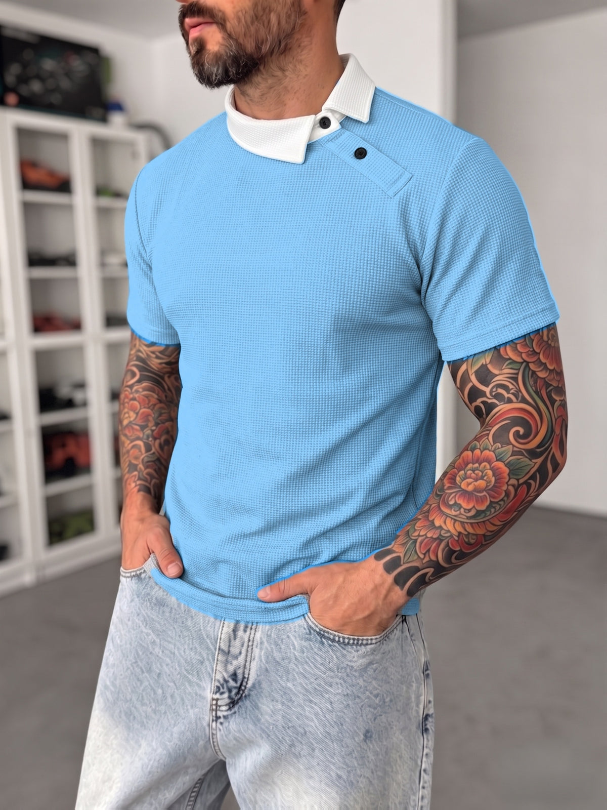 [Shule Water OBM] [Summer 2026 New 2pcs Set] Men'S Waffle Knit Off-Shoulder Button-Up Polo Shirt - Black Blue