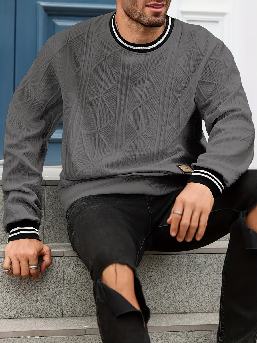 New Men's Casual Fashionable Sporty Cool Versatile Trendy Stylish 3D Jacquard Fabric High Street Popular Knitted Flatbed Collar Crew Neck Sweatshirt - Dark Gray