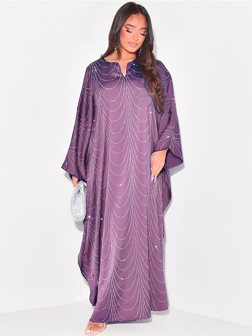 Ramadan Middle East Muslim New Women's Fashion Loose Rhinestone Batwing Sleeve Abaya Gown - Light Purple