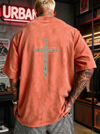 Men's Heavyweight T-Shirt Washed Distressed Fashion Print 2026 Summer New Urban High Street Hiphop Style Vintage Acid Wash Casual Gym Workout Top Pure Cotton Breathable Base Shirt - Orange