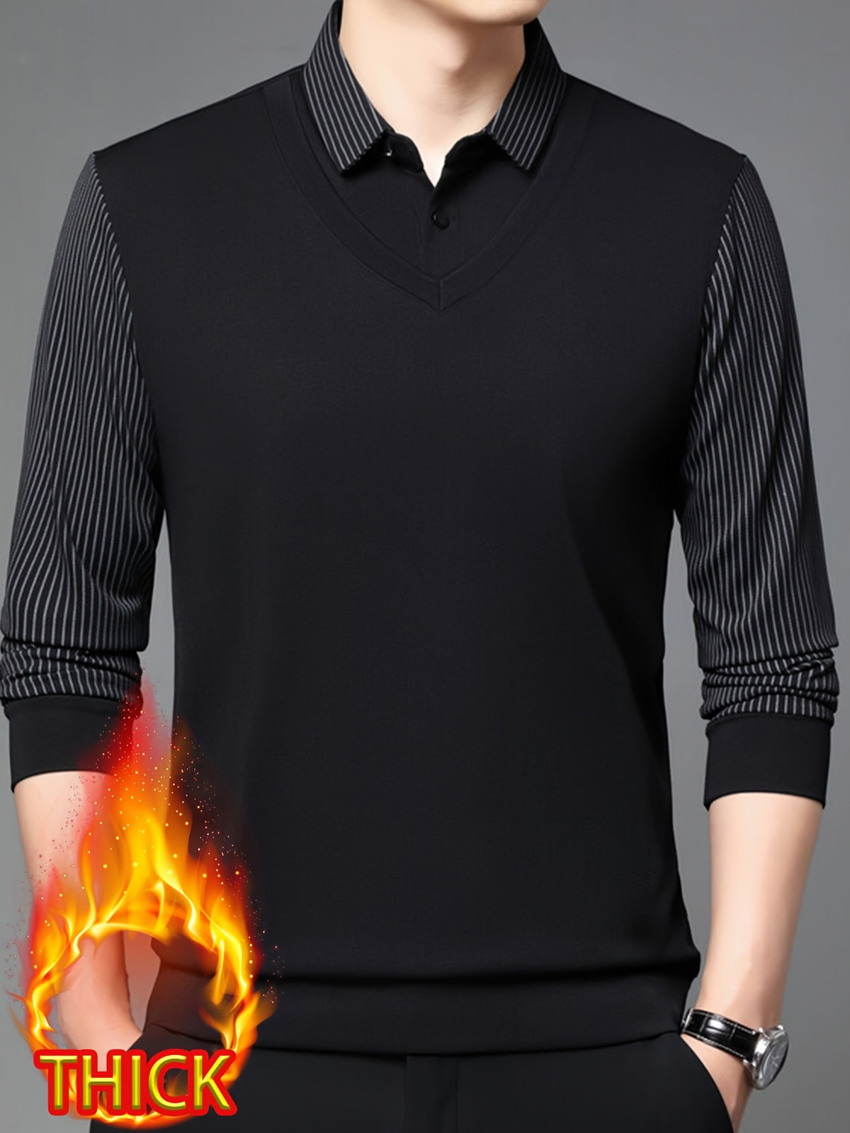 Men'S Autumn Casual 2pcs Collar Long Sleeve Top, V-Neck Vest with Striped Sleeves, Business Style, Suitable for Commuting And Entertaining - Black
