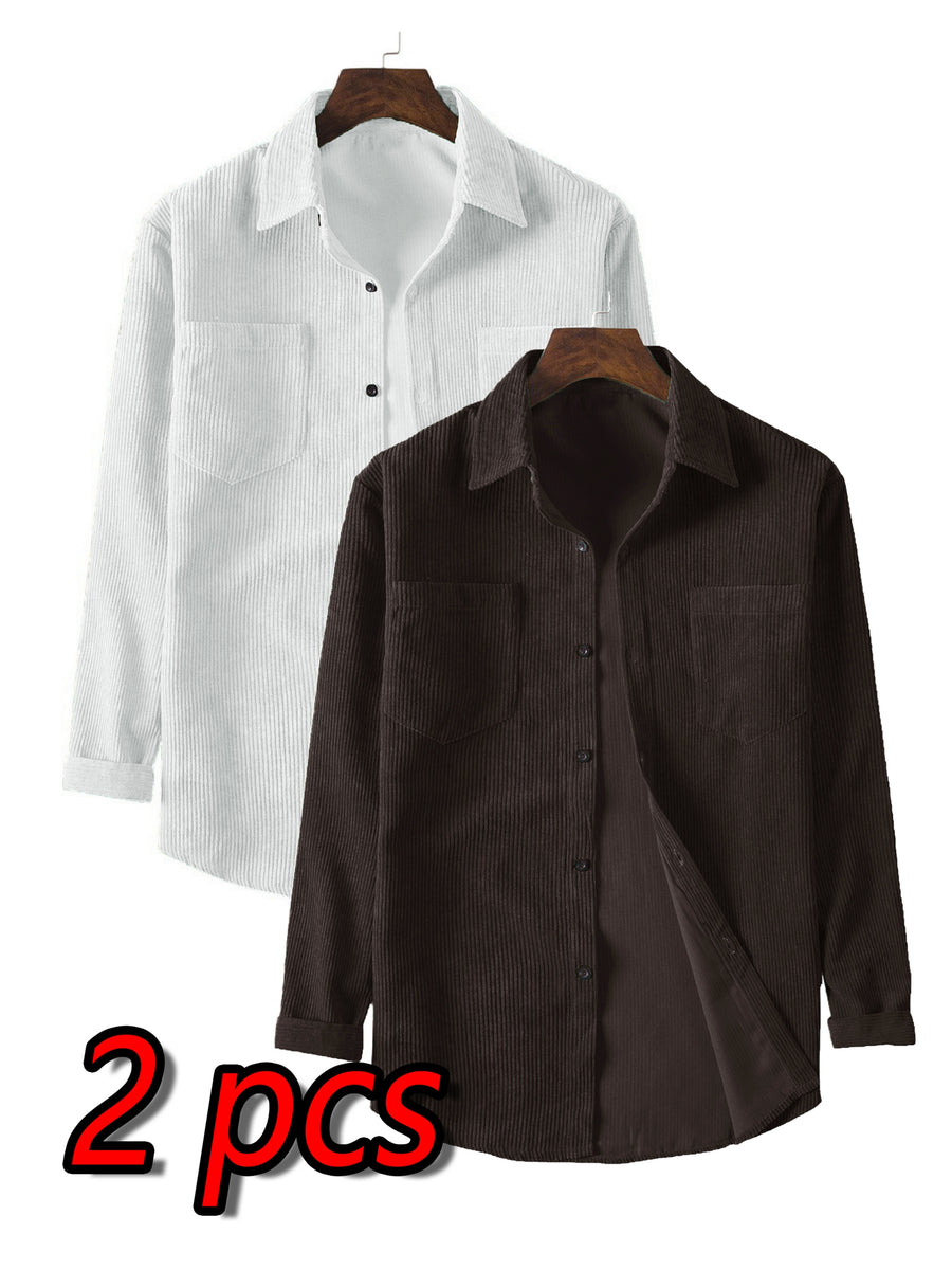 A Two-Piece Set for Men Featuring a Corduroy Button-Up Cardigan with Two Chest Pockets, a Stylish Solid Color Striped Shirt, And Men'S Apparel - White and coffee-colored two-piece set