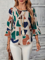 Women's Casual Geometric Heart Print Crew Neck Flared Sleeve Loose Fit Shirt for Daily Wear - Mixed colors