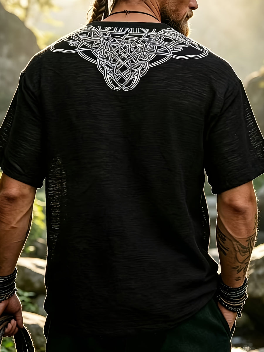 2026 Summer New Men'S Ethnic Style Short Sleeve Print V-Neck T-Shirt, Loose Casual Top - Black