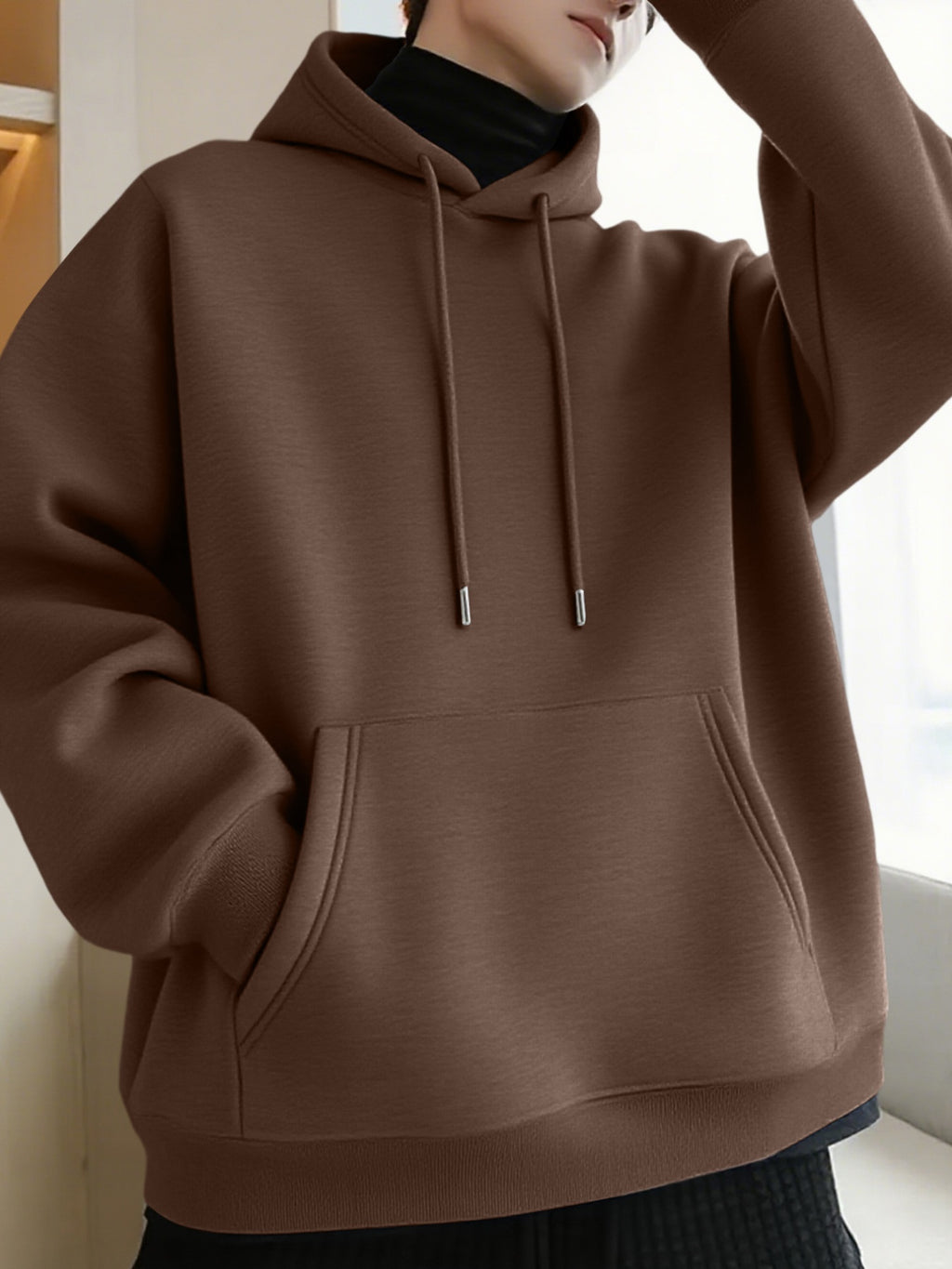 Thanksgiving Men's Hoodie with "AMOR" Blue Ink Splatter Graffiti Print on the Back, Warm and Comfortable Autumn/Winter Hooded Sweatshirt, Featuring a Practical Kangaroo Pocket, Trendy Brand-Style Stacked Letter Pattern and Floral Design - Coffee Brown