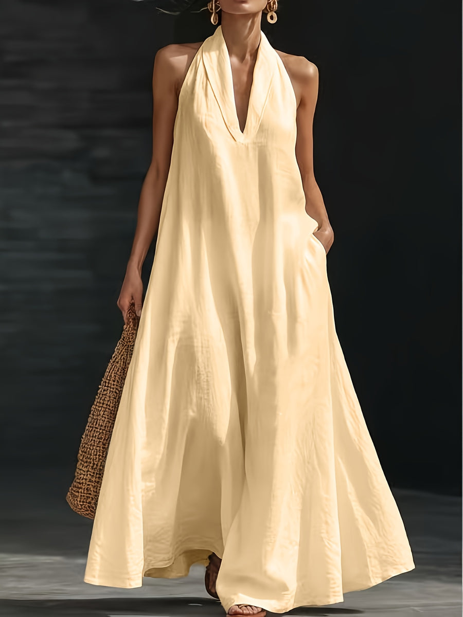Women's Summer V-Neck Linen-Look Maxi Dress with Hidden Pockets - Light Khaki