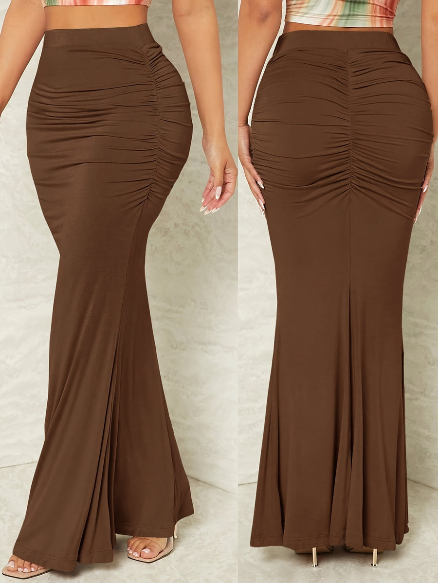 Pleated Mermaid Hem Solid Color Maxi Skirt - Khaki