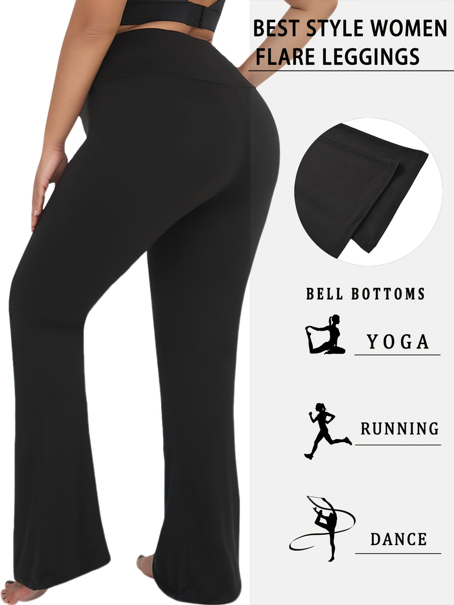 Plus Size Women's Super Soft High Waisted Flare Pants, Leggings Tummy Control Soft Bootleg Bell Bottoms - Black