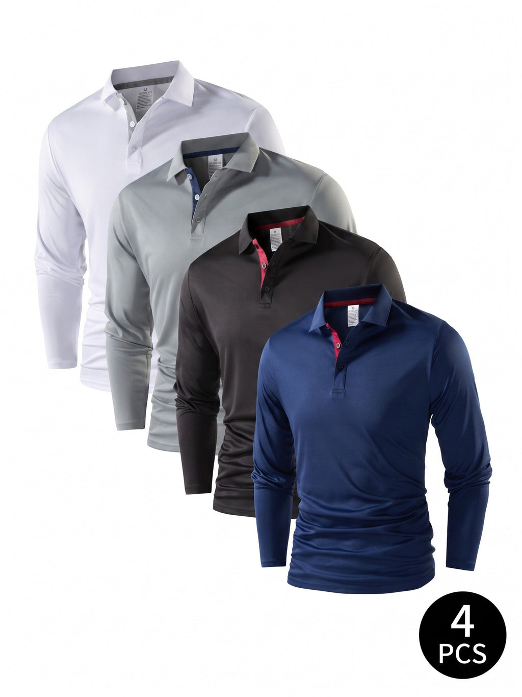 4pcs Set of New Men'S Thin Long-Sleeve Polo Shirts, 100% Fiber Fabric, Multi-Color Available, Classic Color-Block Design, Versatile And Fashionable, Men'S Golf Shirt, Polo Shirt, Polo Collar, T-Shirt, Sportswear, Knit - Black + Cyan + Gray + White