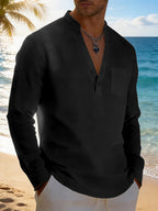Men's Solid Color Henley Long Sleeve Shirt, Lightweight Breathable Casual Button Up Tops for Summer - Black