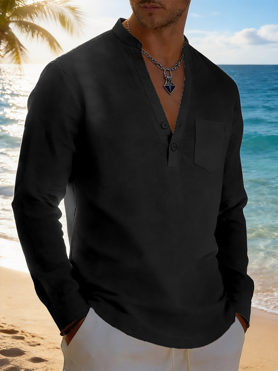 Men's Solid Color Henley Long Sleeve Shirt, Lightweight Breathable Casual Button Up Tops for Summer - Black