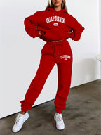 Printed Women's Casual Sports Suit, Warm Long Sleeve with Drawstring Kangaroo Pocket, Women's Clothing - Red