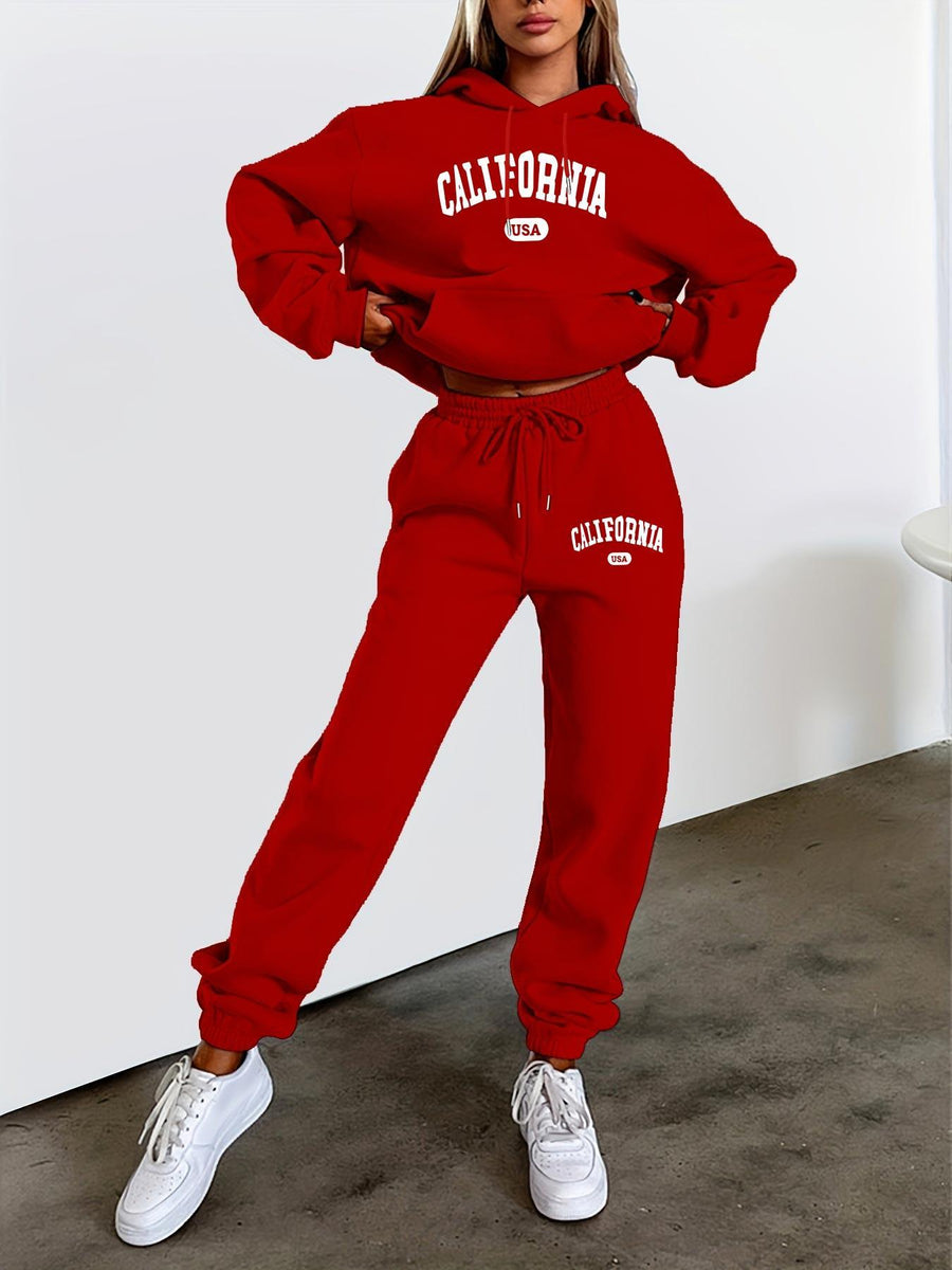 Printed Women's Casual Sports Suit, Warm Long Sleeve with Drawstring Kangaroo Pocket, Women's Clothing - Red