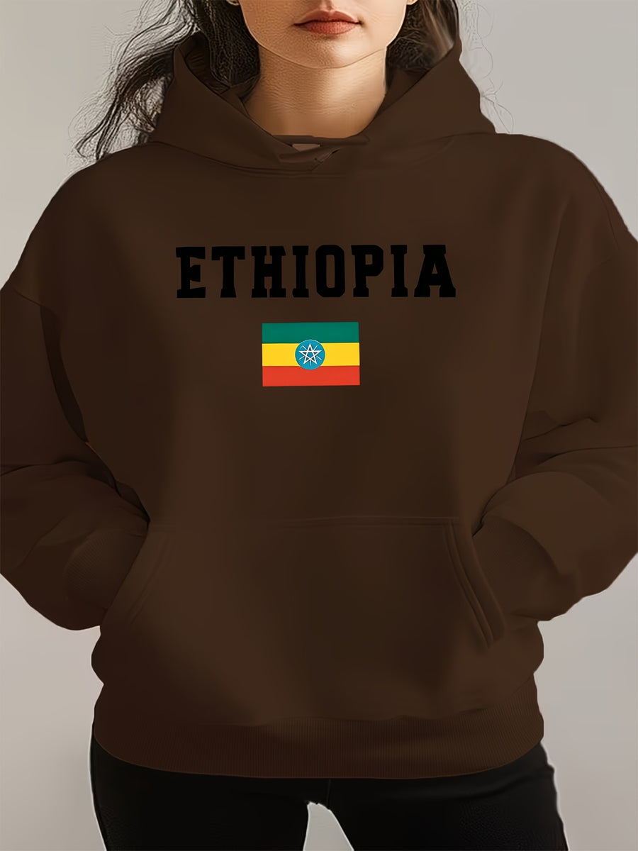 ETHIOPIA Lettering And Ethiopian Flag Pattern Autumn Winter Fashion Fleece Hooded Sweatshirt Women'S Printed Casual Elegant Women'S Clothing Cute Top - Coffee Color