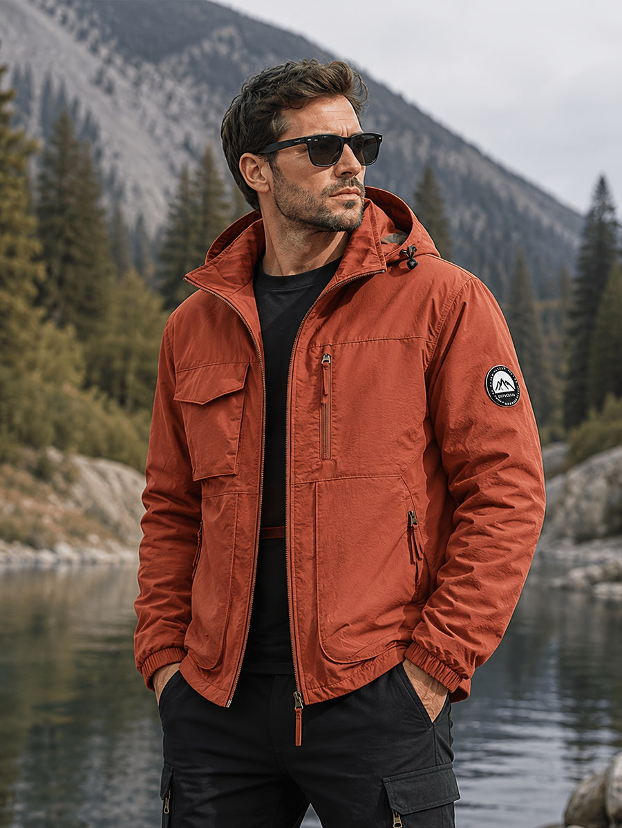 Fleece-Lined Cargo Jacket, Detachable Hood, Multi-Pocket Outerwear, Men'S Outdoor Hiking Commuter, Loose Thickened Plush Lining, Detachable Arm Badge Windproof Warm Functional Jacket - Brick Red