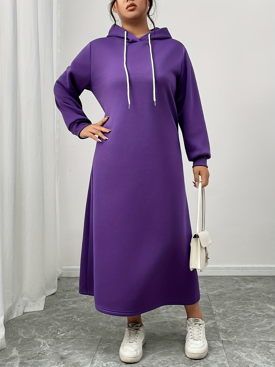 Plus Size - Women'S Autumn And Winter New Style Plus Velvet Thickened Sweatshirt Dress, Women'S Over-The-Knee Long Loose Hooded Dress - Purple