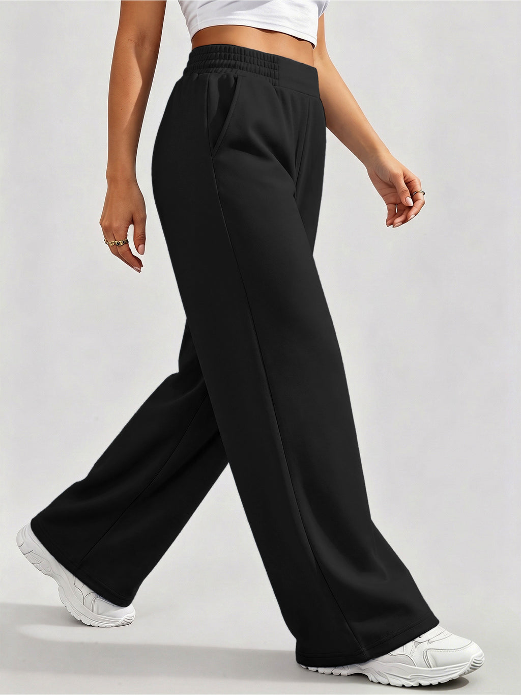 Women's High-Waist Wide-Leg Pants - Loose-Fit Trousers with Pockets, Straight-Leg Sweatpants Suitable for Spring Summer Fall, Casual Y Casual Attire, Machine Washable Wide-Leg for Workouts & Daily Outfits - Black