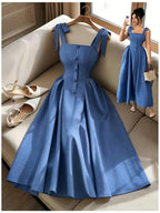 Women' Elegant A-Line Bridesmaid Dress with Square Neck & High-Waisted Waist-Cinching Bow Camisole Dress - Machine Washable Solid Color Suitable for Beach Wedding Guest Dresses, Daily Wear, Parties, Vacations, Bridesmaids Outfits - Blue