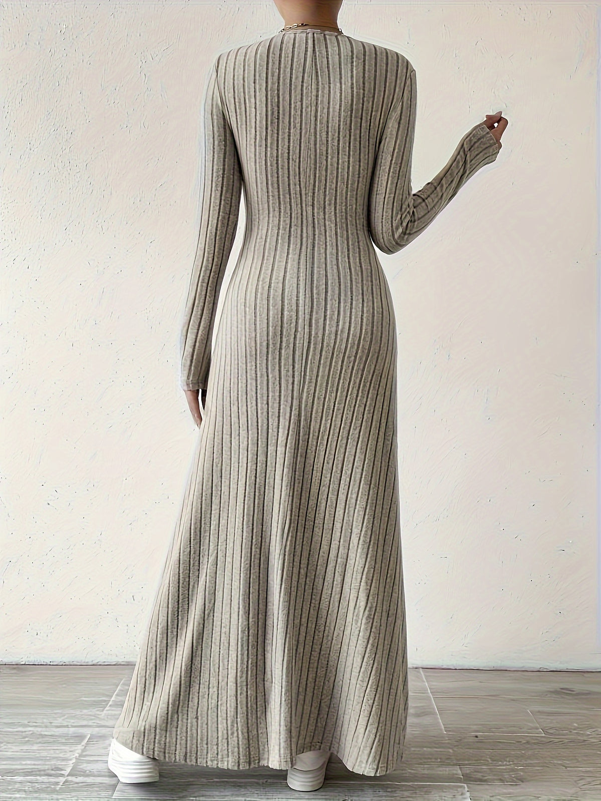 Women's Elegant V-Neck Long Sleeve A-Line Dress - Solid Color Machine Washable Fall Dress with Flattering Silhouette, Versatile for Casual & Formal Occasions, Long Sleeve Maxi Dress, Comfortable Fit - Khaki