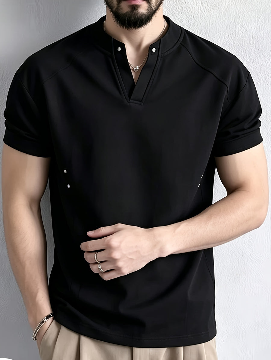 Men's Casual T-Shirt with American Deconstructed Design, Rivet Detailing, V-Neck, Short Sleeves, Simple Summer Style, Versatile Top, In Stock - Black
