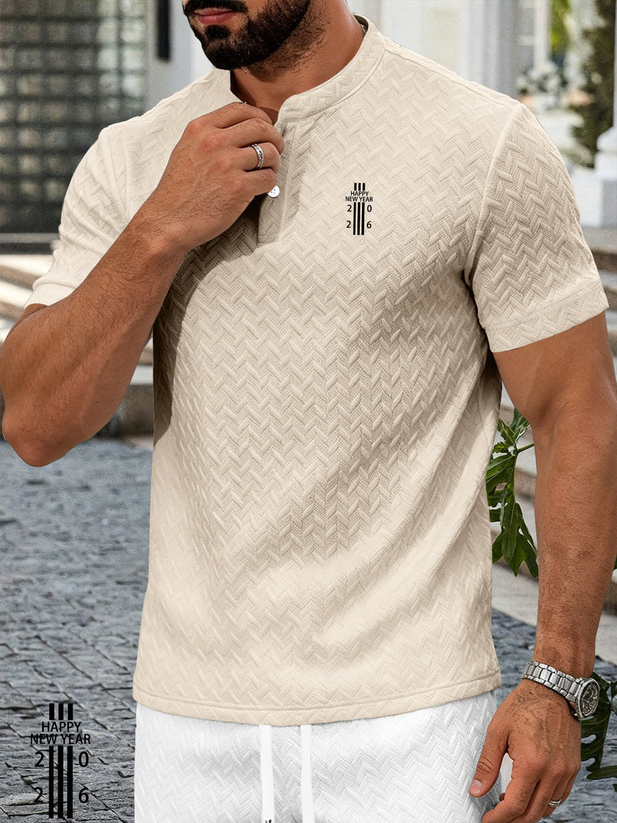 Men'S Summer Casual Textured Short Sleeve T-Shirt, New Year Print, Breathable Textured Jacquard Round Neck Henley Shirt with Buttons, Regular Fit Suitable for Outdoor And Casual Wear, Men'S Textured Short Sleeve Henley Shirt - Apricot