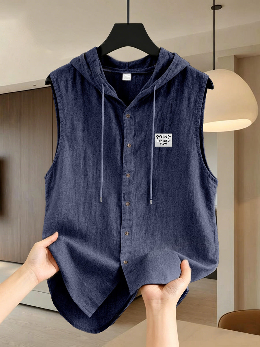 Pearson OBM Men's Sleeveless Hooded Shirt, Upgraded Textured Comfortable and Breathable Fabric Hooded Vest, Men's Linen Fashion Hoodie, Summer Top Casual and Lightweight with Button and Drawstring, Suitable for Outdoor Activities, Beach, and Coast - Navy Color