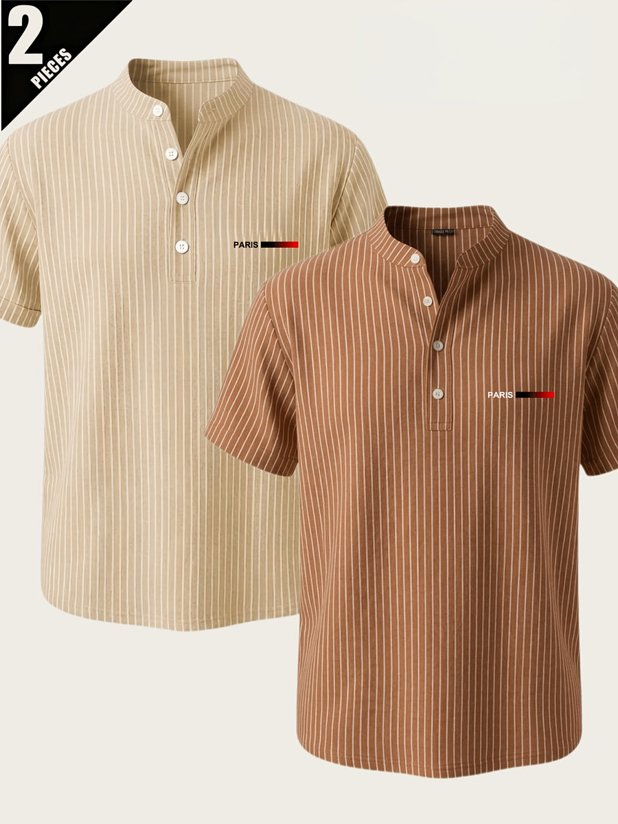 2pcs Men'S Striped Henley Shirt Set, PARIS Chest Print Short Sleeve Shirt, Lightweight Breathable Regular Fit, Suitable for Casual Wear, Travel, And Layering - Khaki+Coffee