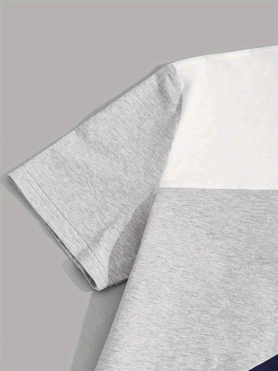 Color Block T-Shirt 180G 100% Top [Siji Dou] Short-Sleeved Solid Color, Summer Global Four Seasons Base Factory Manufacturing Men'S Comfortable High-Quality High Fit Casual Sports Luxury - White, gray and blue
