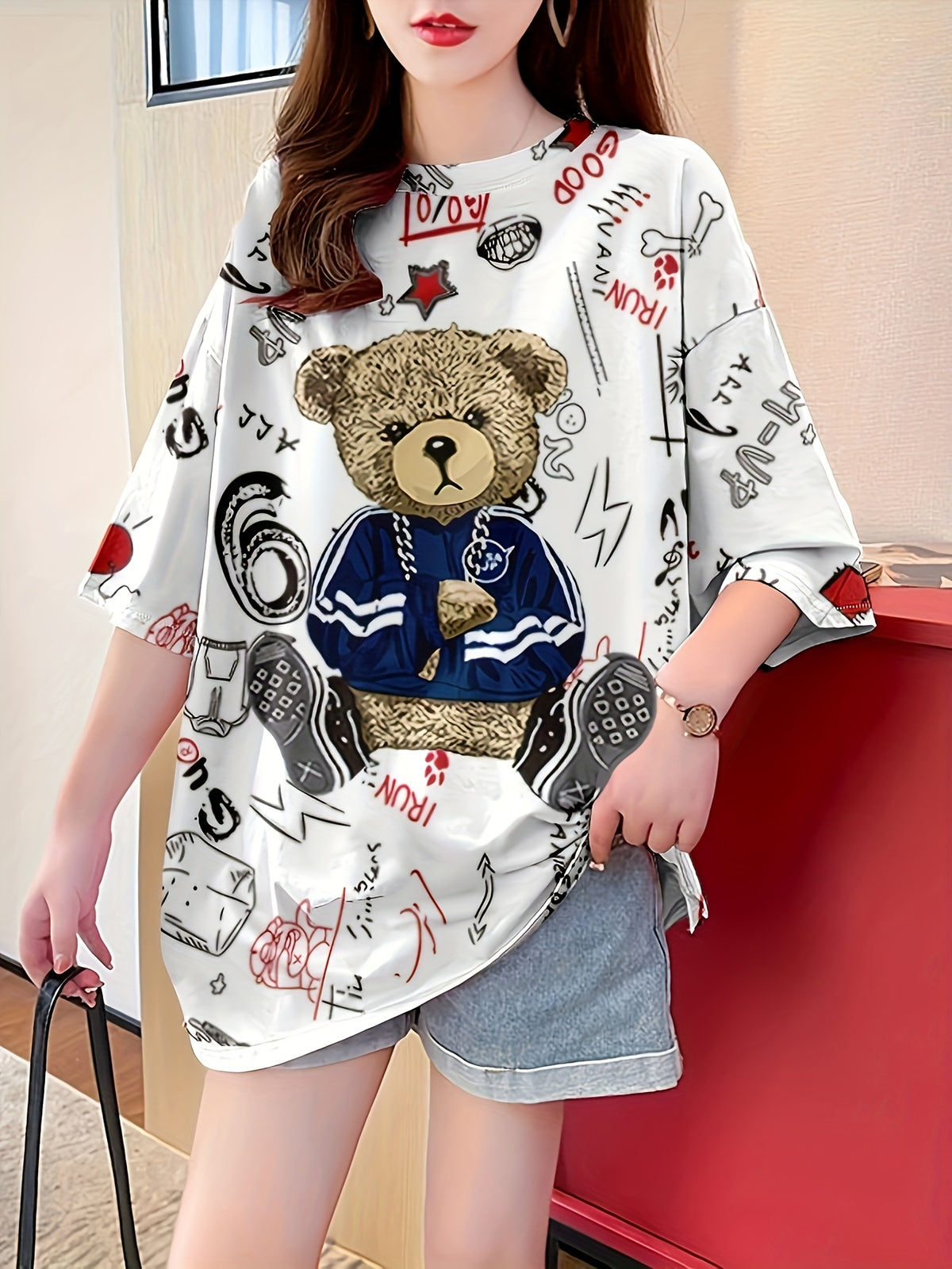 Summer New Large Size Loose Fashion Trend Slim Cartoon Round Neck Print Ladies Women'S Medium And Long Short-Sleeved T-Shirt Clothes - White