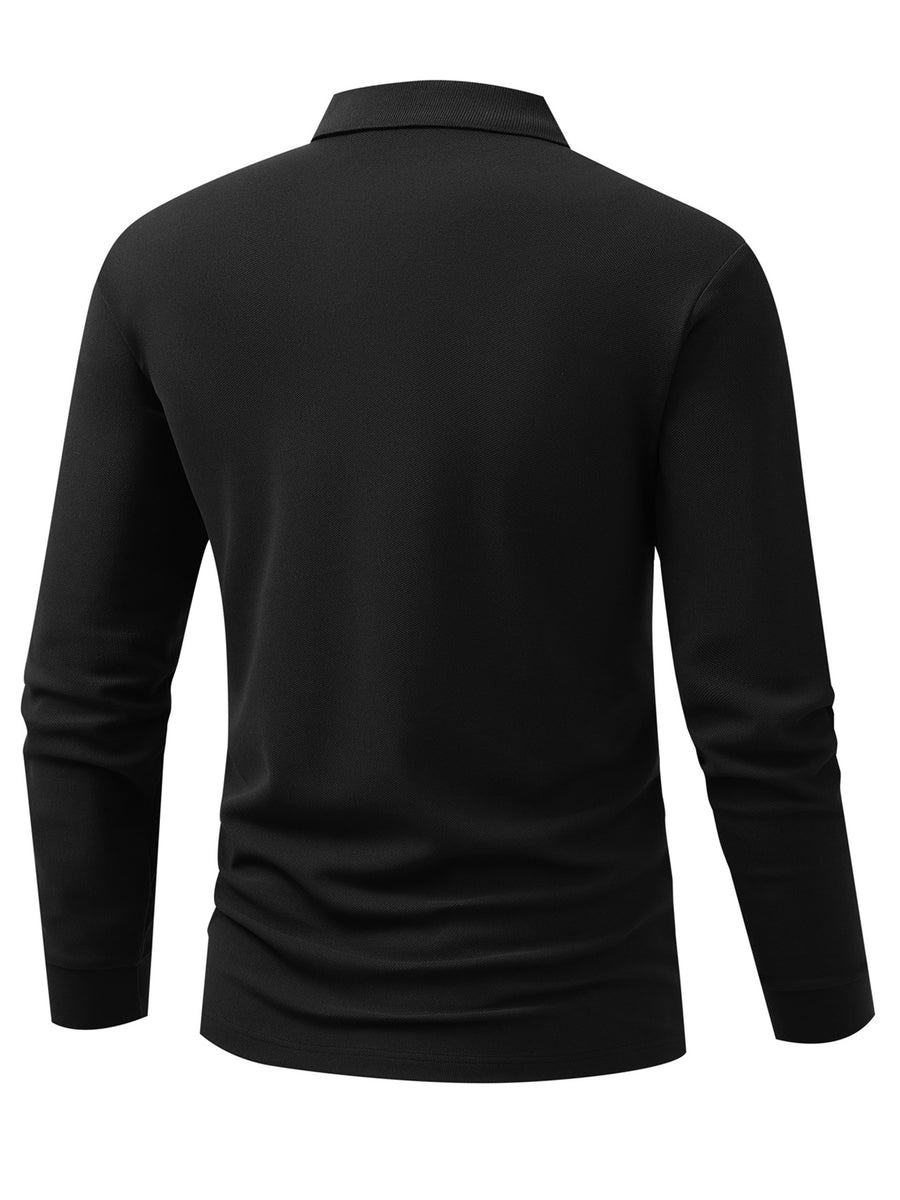 Golf Logo Premium Men'S Casual Polo Shirt, Light Luxury Lapel Long Sleeve, Versatile Fit, Comfortable Fabric, Non-Iron, Suitable for Business Casual Outfits, Men'S Top - Black