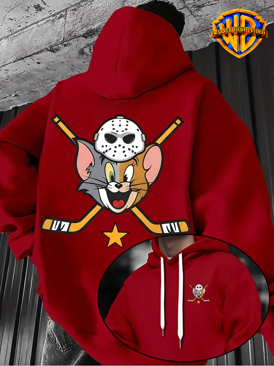 [Officially Licensed by Warner Bros] 1pc, American Retro League Badge Cartoon Character Creative Casual Hoodie - Men'S Fashion Sweatshirt with Double-Sided Print, Adjustable Drawstring Loose Comfortable Hoodie, Suitable for Daily And Outdoor Wear - Red