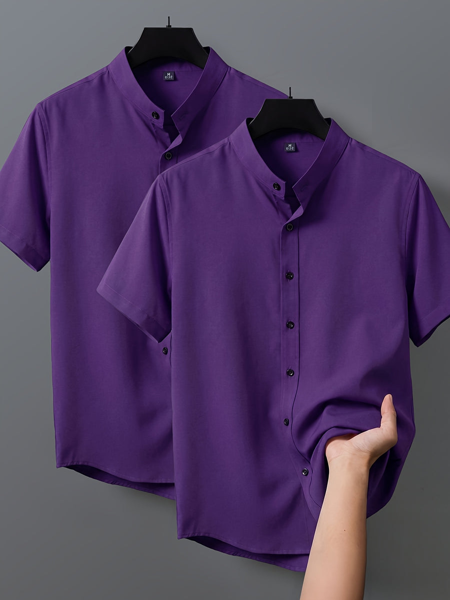 2pcs Men's Short-Sleeve Shirts, Henley/Stand-Up Collar Design, Summer Casual Outerwear - Deep Purple
