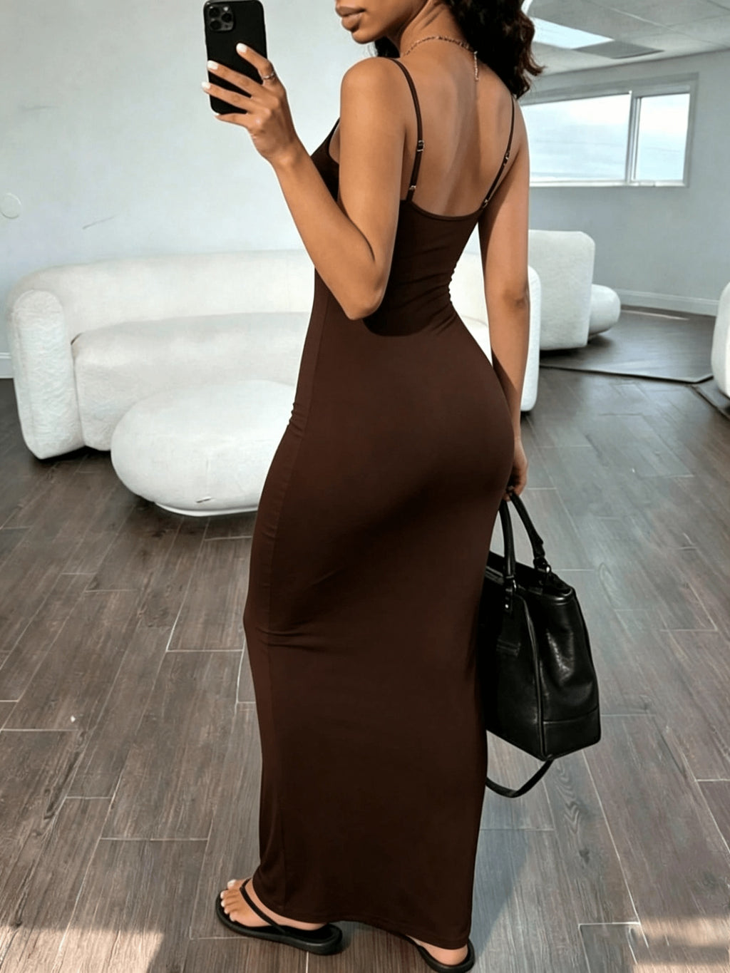 Hot Style V-Neck Slim Fit Strapless Dress with Thin Straps, Elastic Waist, Hip-Enhancing Design. Princess Style, Elegant, Perfect for Dates, Parties, Valentine's Day, and Gatherings. Adjustable Straps, Long Party Dress, Elegant Dress - Coffee Brown