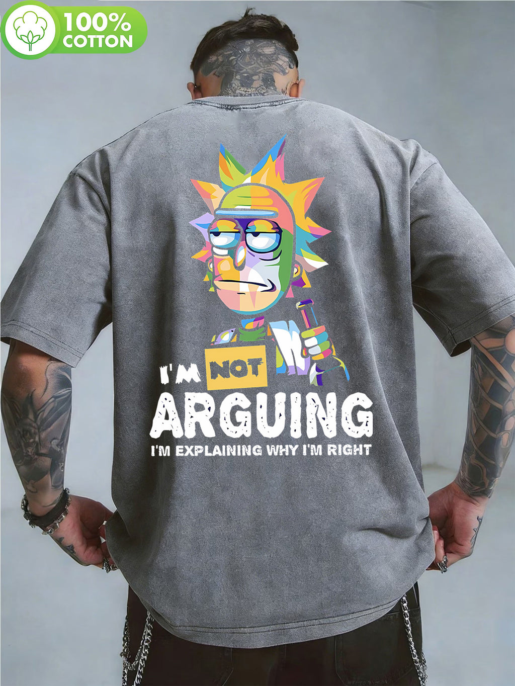 WB Warner Authorized, Men'S Vintage Distressed 100% Washed Round Neck T-Shirt, Multi-Colored Patchwork Rick with Fun Quotes Trendy Print Design, Loose Fit, Men'S Casual Versatile Loose T-Shirt, Suitable for Daily Wear And Outdoor Activities - Grey